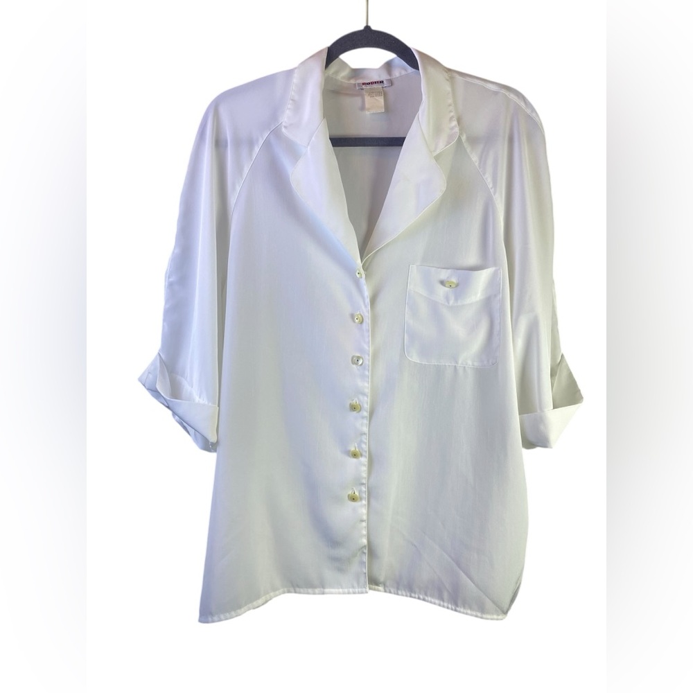 VTG RODIER 70’S WHITE POLY SHORT SLEEVE BLOUSE CUFF SLEEVE LARGE